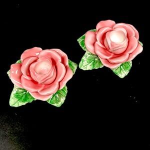Vintage hand painted glazed porcelain pink rose taper  candle holders